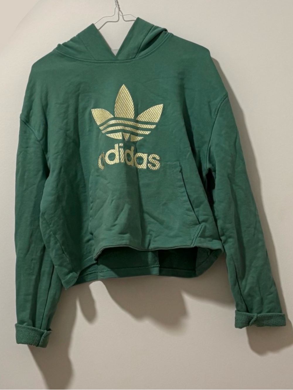adidas Green Cropped Hoodie with Gold Trefoil